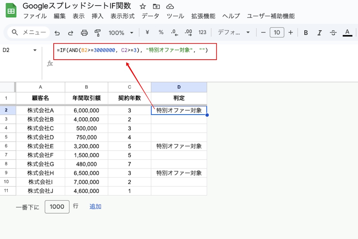 GoogleスプレッドシートIF関数で、特別オファーの対象かを判定してます。