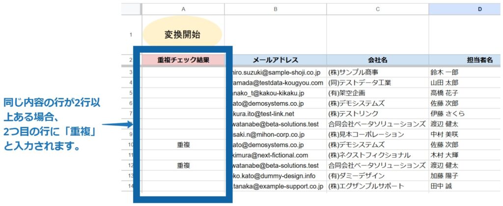 GAS実行後、重複と表示されている様子